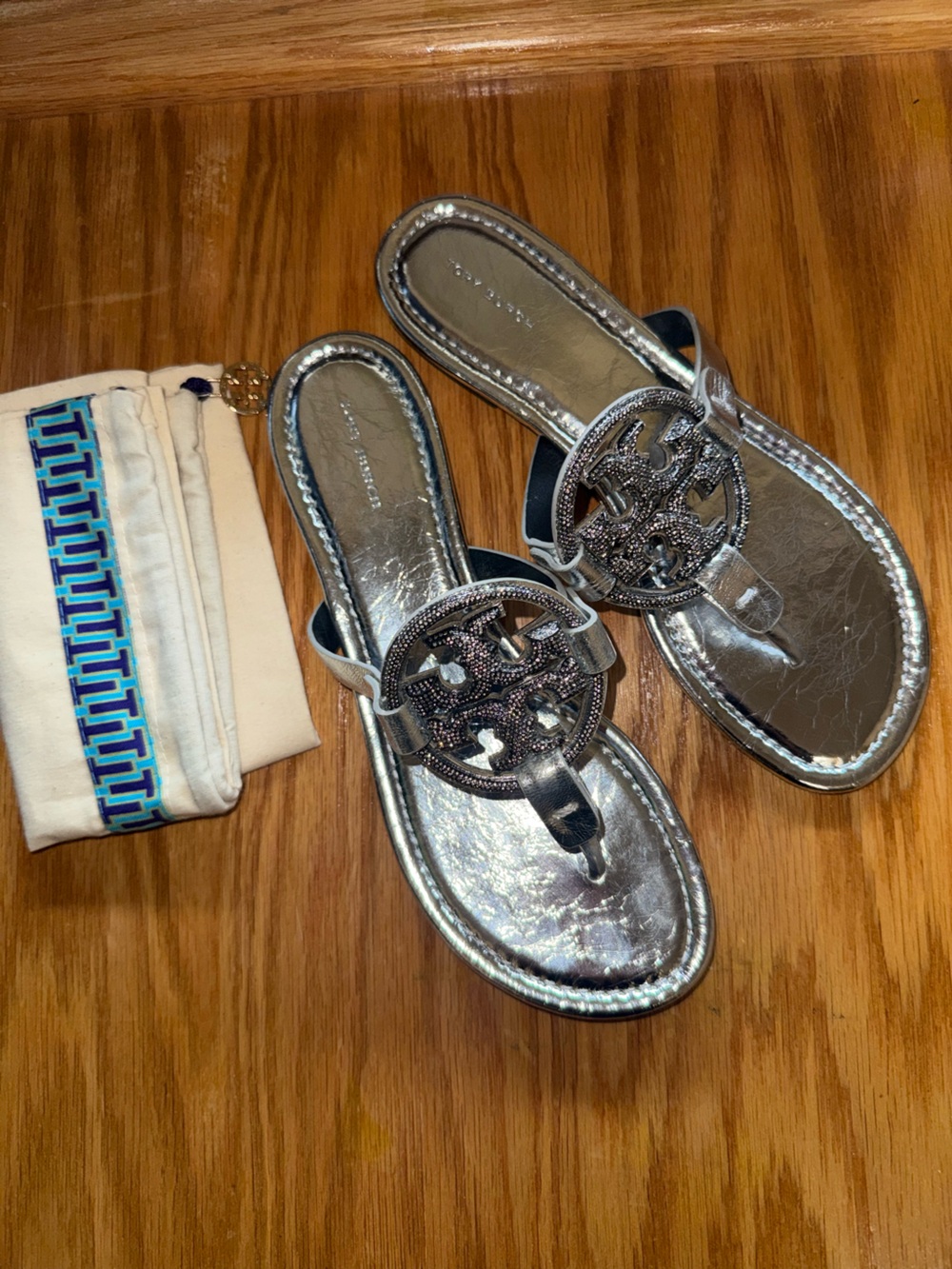 Tory Burch Silver Metallic Rhinestone Miller Sandals - Picture 4 of 7